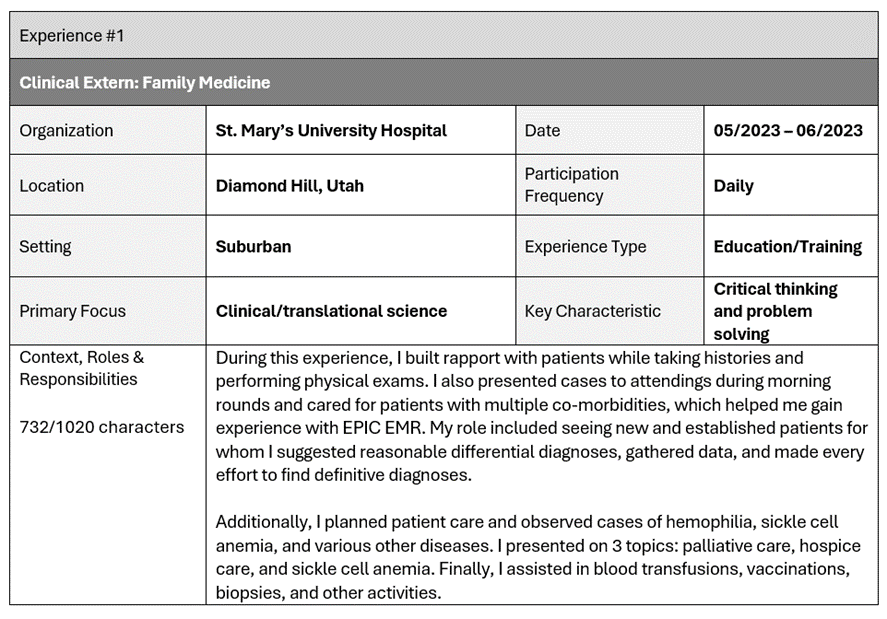 MyERAS Application CV Narrative Description